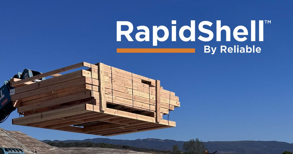 RapidShell by Reliable: a prefabricated framing package lifted by a forklift